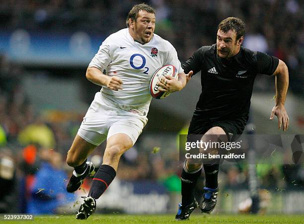 Steve Thompson of England and Andrew Hore of New Zealand during the Investec Challenge Series match between England and New Zealand at Twickenham, in...