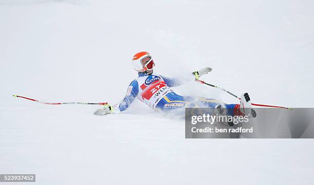 Patrik Jaerbyn of Sweden crashes during the second practice session of the FIS World Cup Downhill event on the Lauberhornrennen course at Wengen, in...