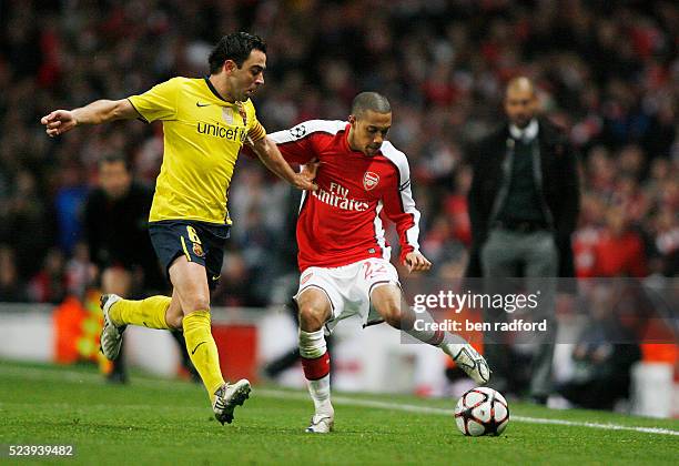 Gael Clichy of Arsenal and Xavi Hernandez of Barcelona during the UEFA Champions League Quarter Final, 1st Leg match between Arsenal and Barcelona at...