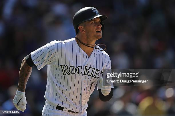 Brandon Barnes of the Colorado Rockies rounds the bases against the Los Angeles Dodgers at Coors Field on April 24, 2016 in Denver, Colorado. The...