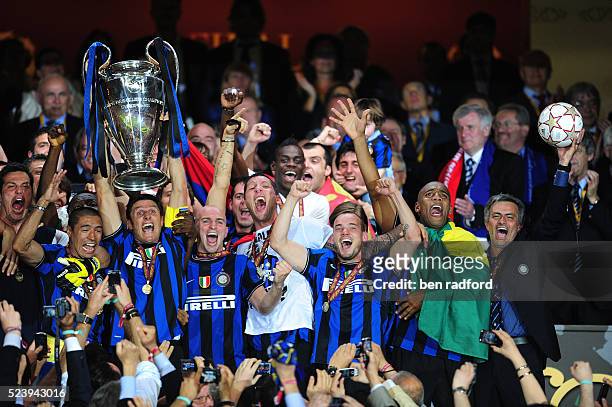 Captain Javier Zanetti of Inter Milan and Coach Jose Mourinho celebrate winning the UEFA Champions League Final between Bayern Munich and Inter Milan...