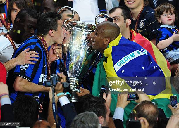 Brazilians Lucio and Maicon of Inter Milan celebrate winning the UEFA Champions League Final between Bayern Munich and Inter Milan at the Estadio...