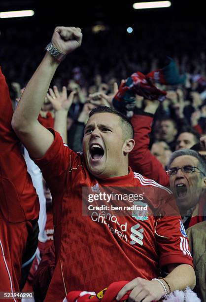 Passionate Liverpool fans celebrating a goal before the UEFA Europa League Group Stage match between Liverpool and Napoli at Anfield in Liverpool,...