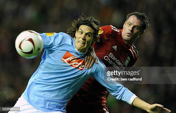 Edinson Cavani of Napoli and Jamie Carragher of Liverpool during the UEFA Europa League Group Stage match between Liverpool and Napoli at Anfield in...