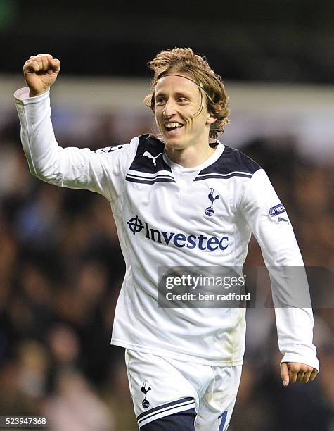 Luka Modric of Tottenham Hotspur celebrates scoring during the UEFA Champions League Group A match between Tottenham Hotspur and Werder Bremen at...