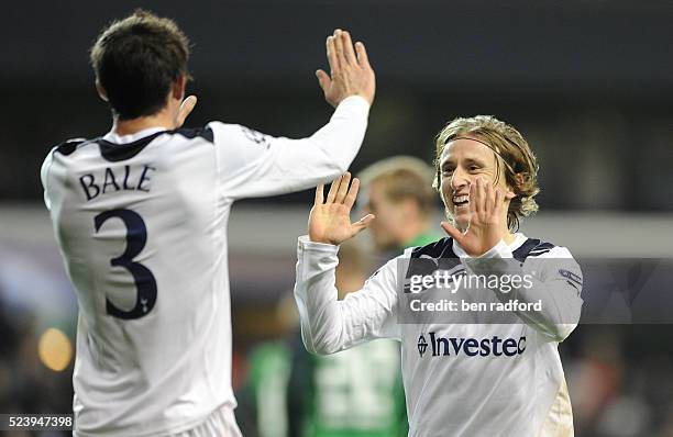 Luka Modric of Tottenham Hotspur celebrates his goal with Gareth Bale during the UEFA Champions League Group A match between Tottenham Hotspur and...