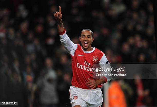 Theo Walcott of Arsenal celebrates his goal during the UEFA Champions League Group H match between Arsenal and Partizan Belgrade at the Emirates...