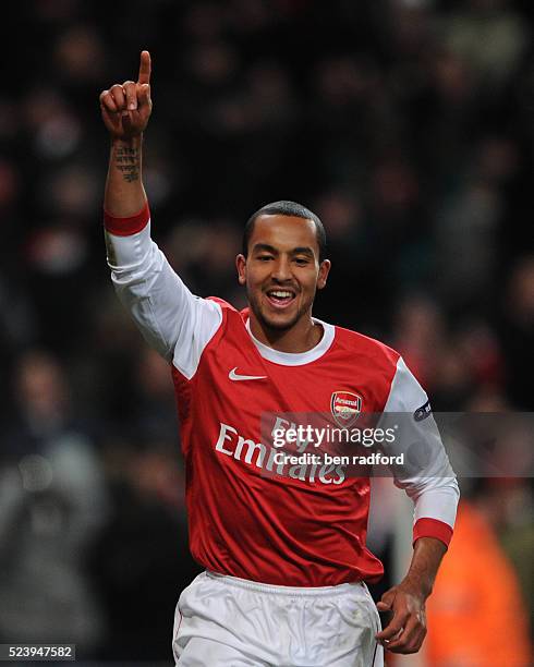 Theo Walcott of Arsenal celebrates his goal during the UEFA Champions League Group H match between Arsenal and Partizan Belgrade at the Emirates...