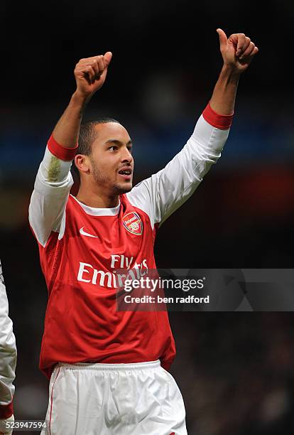 Theo Walcott of Arsenal celebrates his goal during the UEFA Champions League Group H match between Arsenal and Partizan Belgrade at the Emirates...