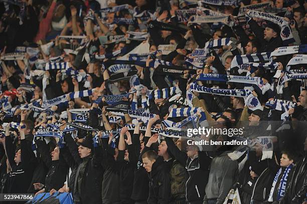 Copenhagen fans wave their scaves and sing during the UEFA Champions League Round of Sixteen, 2nd Leg match between Chelsea and FC Copenhagen at...