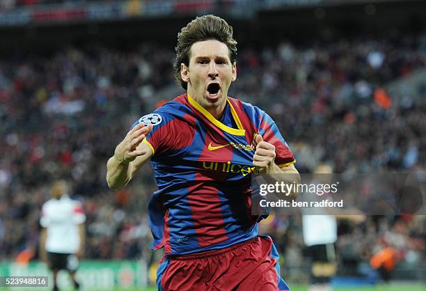 Lionel Messi of Barcelona celebrates his goal during the 2011 UEFA Champions League Final between Barcelona and Manchester United at Wembley Stadium...