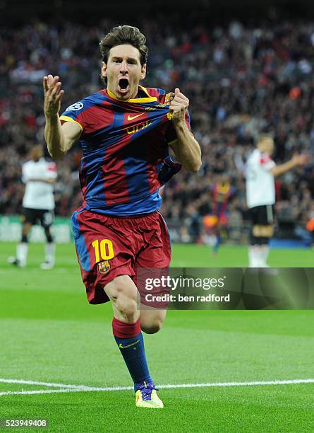 Lionel Messi of Barcelona celebrates his goal during the 2011 UEFA Champions League Final between Barcelona and Manchester United at Wembley Stadium...