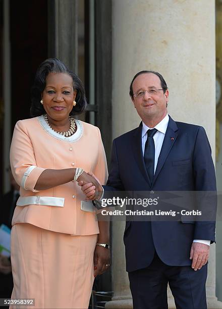 French President Francois Hollande, left, welcomes interim Central African Republic President Catherine Samba-Panza, as they pose for photographers...