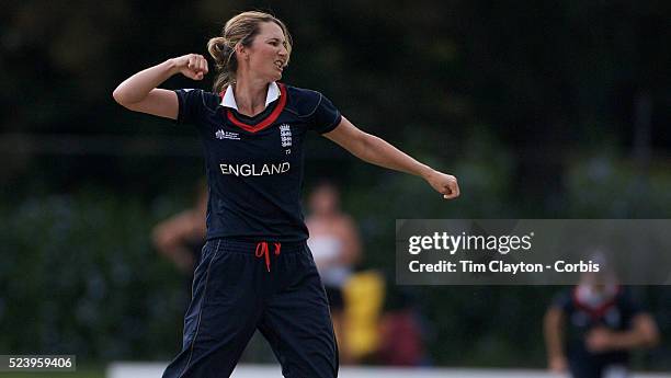 Charlotte Edwards the England Captain celebrates a wicket during the match between England and New Zealand in the Super 6 stage of the ICC Women's...