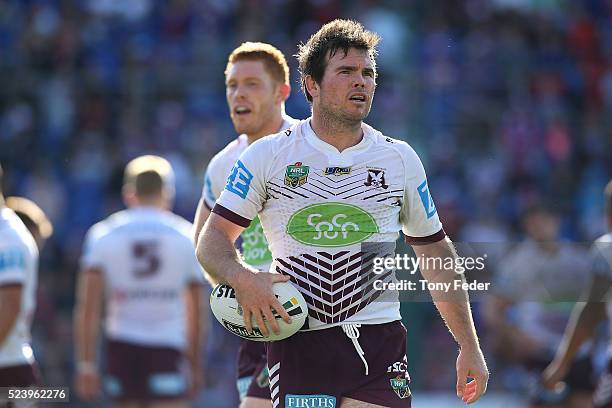 Jamie Lyon of the Manly Sea Eagles during the round eight NRL match between the Newcastle Knights and the Manly Sea Eagles at Hunter Stadium on April...