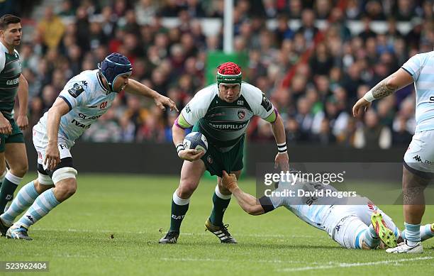 Marcos Ayerza of Leicester charges upfield during the European Rugby Champions Cup semi final match between Leicester Tigers and Racing 92 at the...