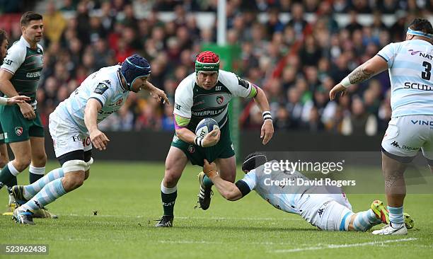 Marcos Ayerza of Leicester charges upfield during the European Rugby Champions Cup semi final match between Leicester Tigers and Racing 92 at the...