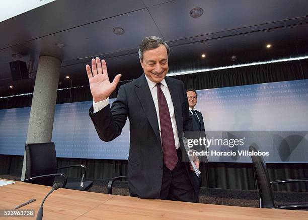 European Central Bank president Mario Draghi waves to journalists at the end of a press conference at ECB Headquarters, in Willy Brandt Platz,...