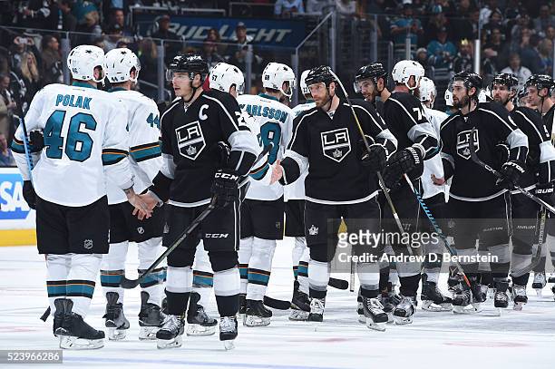 Members of the San Jose Sharks and Los Angeles Kings shake hands after Game Five of the Western Conference First Round during the 2016 NHL Stanley...