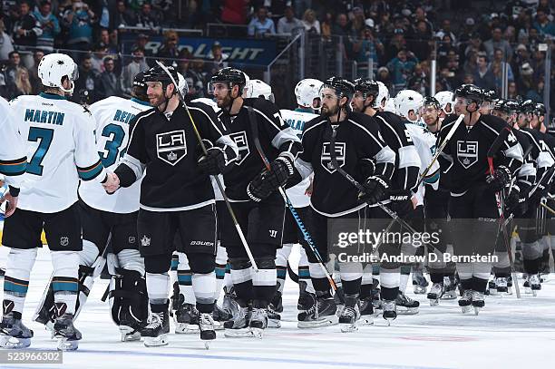 Members of the San Jose Sharks and Los Angeles Kings shake hands after Game Five of the Western Conference First Round during the 2016 NHL Stanley...