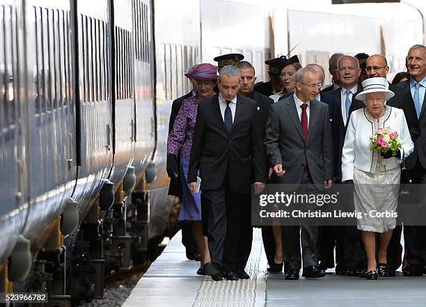 The Queen Elizabeth II and HRH The Duke of Edinburgh arrive at Gare du Nord to attend the official ceremonies on the occasion of the 70th Anniversary...