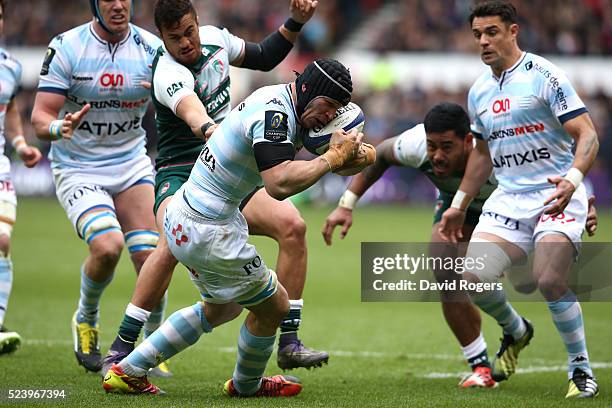 Wenceslas Lauret of Racing 92 holds onto the ball during the European Rugby Champions Cup semi final match between Leicester Tigers and Racing 92 at...