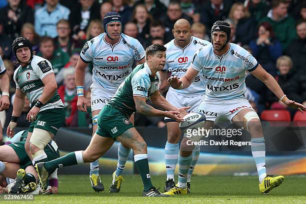 Ben Youngs of Leicester passes the ball during the European Rugby Champions Cup semi final match between Leicester Tigers and Racing 92 at the City...