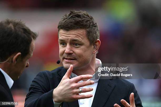 Brian O'Driscoll, the former Ireland international looks on during the European Rugby Champions Cup semi final match between Leicester Tigers and...