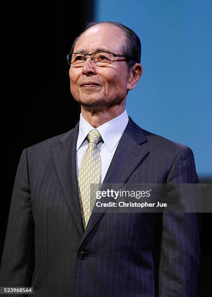 Tokyo 2020 Emblems Selection Committee Member Sadaharu Oh attends the 2020 Olympic/Paralympic Games Emblems unveiling ceremony on April 25, 2016 in...