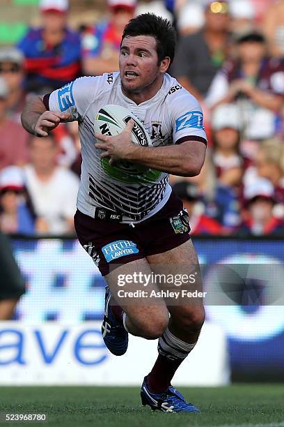 Jamie Lyon of Manly runs the ball during the round eight NRL match between the Newcastle Knights and the Manly Sea Eagles at Hunter Stadium on April...
