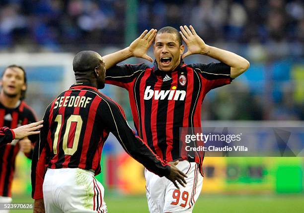 Ronaldo of AC Milan celebrates during the Serie A 2006/2007 28th round match between Inter of Milan and Milan played at the "Giuseppe Meazza" in...