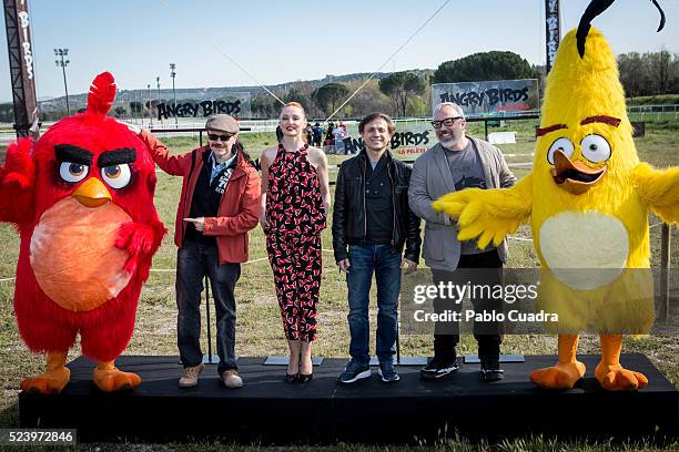 Red, Santiago Segura, Cristina Castano, Jose Mota, Alex de la Iglesia and Chuck attend the 'Angry Birds' photocall at the 'La Zarzuela' racecourse on...