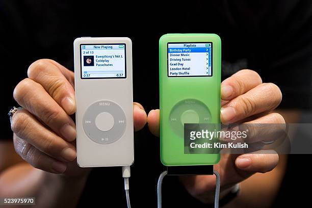 Close-up view of the new iPod Nano. The Apple iPod Nano is 1/5 the size of the original iPod and weighs 1.5 ounces or 42 grams. Apple Ceo Steve Jobs...