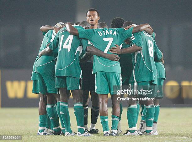 Goalkeeper Austine Ejide of Nigeria leads his team in a post match prayer huddle after the Group B 2008 CAF African Cup of Nations match between...