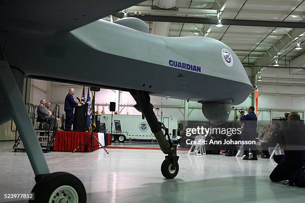 Press conference is held as the U.S. Customs and Border Protection Office of Air and Marine shows it's first Predator B unmanned aircraft system at...