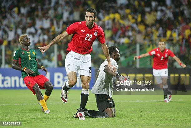Mohamed Abouterika of Egypt celebrates scoring the winning goal during the Final of the 2008 African Cup of Nations between Cameroon and Egypt at the...