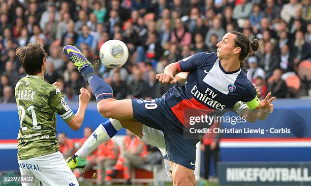 S Zlatan Ibrahimovic goal during the French First League Football match, Paris Saint-Germain Vs SC Bastia at Parc des Princes stadium in Paris,...