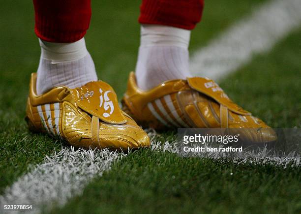 The special edition football boots of David Beckham of England marking the 100th England game of his career during the International Friendly match...