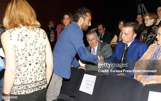 Rocio Carrasco, Fidel Albiac and Jose Ortega Cano attend the presentation of the Rocio Jurado stamp in the 10th anniversary of her death at the Royal...