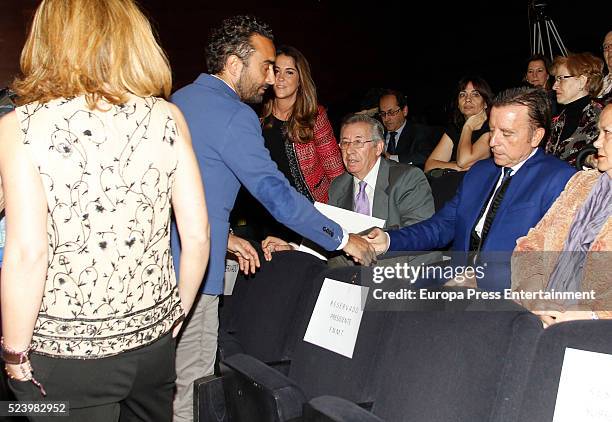 Rocio Carrasco, Fidel Albiac and Jose Ortega Cano attend the presentation of the Rocio Jurado stamp in the 10th anniversary of her death at the Royal...