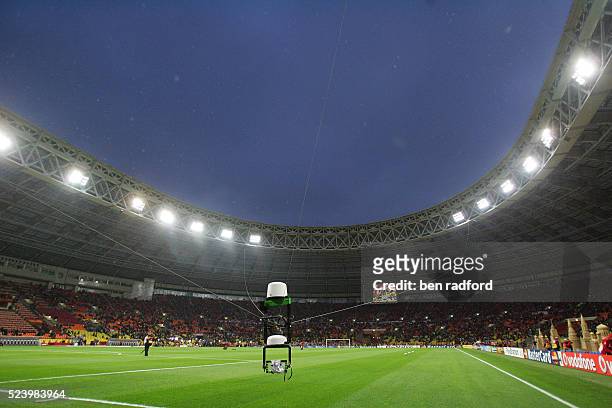 The overhead television camera suspended by wires from the roof of the Luzhniki Stadium during the UEFA Champions League Final between Chelsea and...