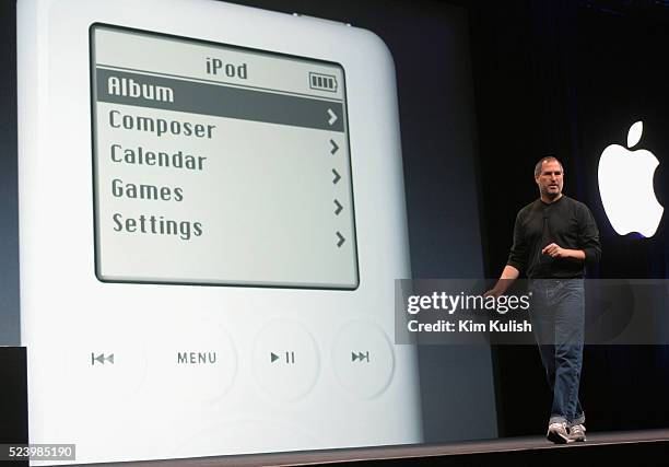 Apple CEO Steve Jobs introduces a new online music service along with the new IPOD players and IMusic software.