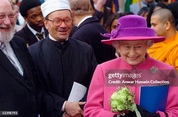 Britain's Queen Elizabeth II smiles as she leave an Observance for Commonwealth Day 2005 service held at Westminster Abbey in central London on March...