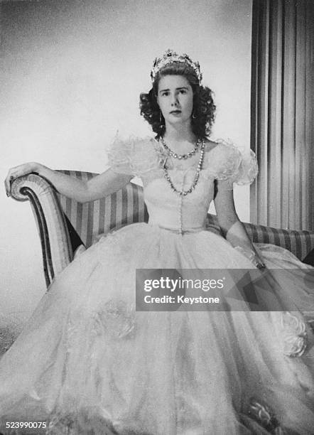 Cayetana Fitz-James Stuart, Duchess of Montoro wearing a ballgown and tiara, circa 1947.