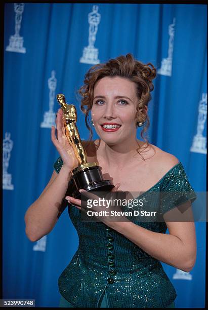 Emma Thompson holds her Oscar at the 65th Academy Awards. She won the Best Actress award for her role in Howards End.