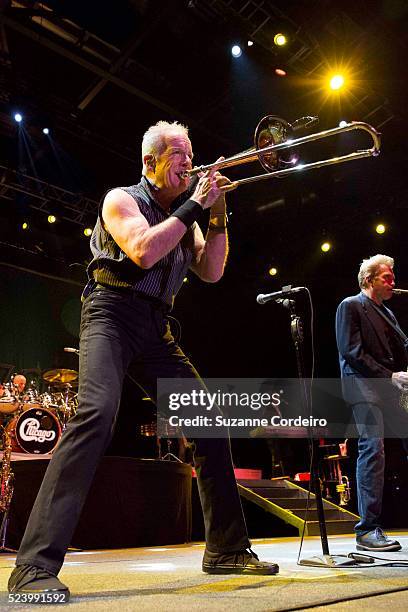 Trombone player James Pankow of Chicago performs in concert at Cedar Park Center on August 27, 2014 in Cedar Park, Texas.