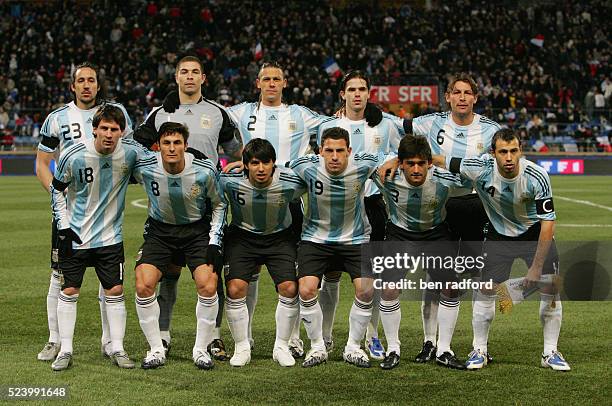 Argentina players pose for a team photograph before the international friendly match between France and Argentina at the Stade Velodrome, in...