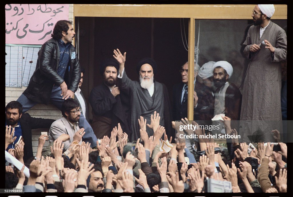 Ayatollah Khomeini Waving to Crowd in Tehran