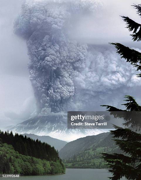 Eruption of Mount St Helens viewed from Yale Lake taken on May 18, 1980 in Gifford-Pinchot National Forest, Washington