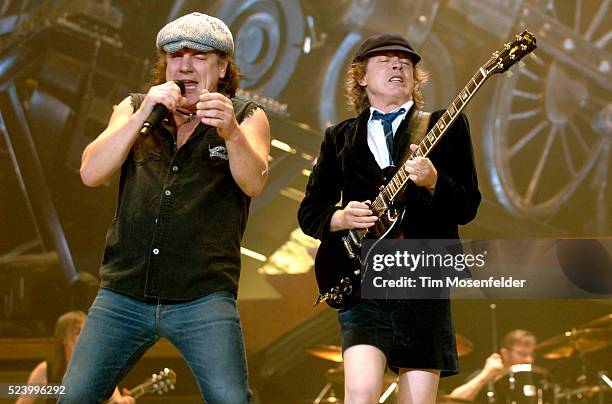 Brian Johnson and Angus Young of AC/DC perform in support of the bands' Black Ice release at the Oracle Arena.